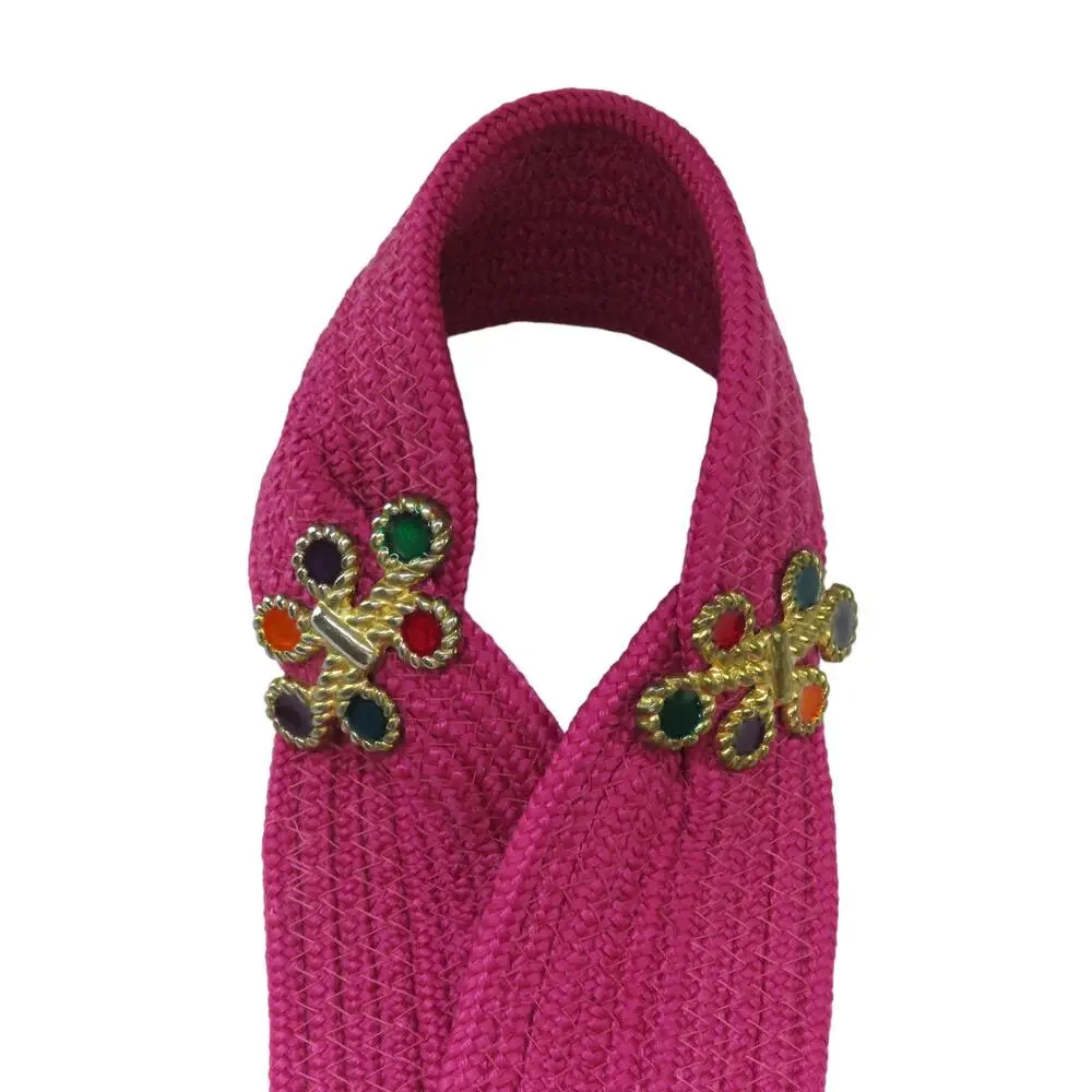 Vintage Hot Pink Woven Belt with Multicolor Rainbow Gem Rhinestones Retro Belt